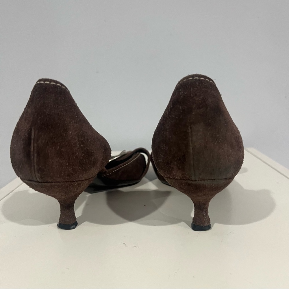 Vtg Prada Dark Brown Buckle Kitten Heels 37 Suede Y2K - Picture 3 of 8